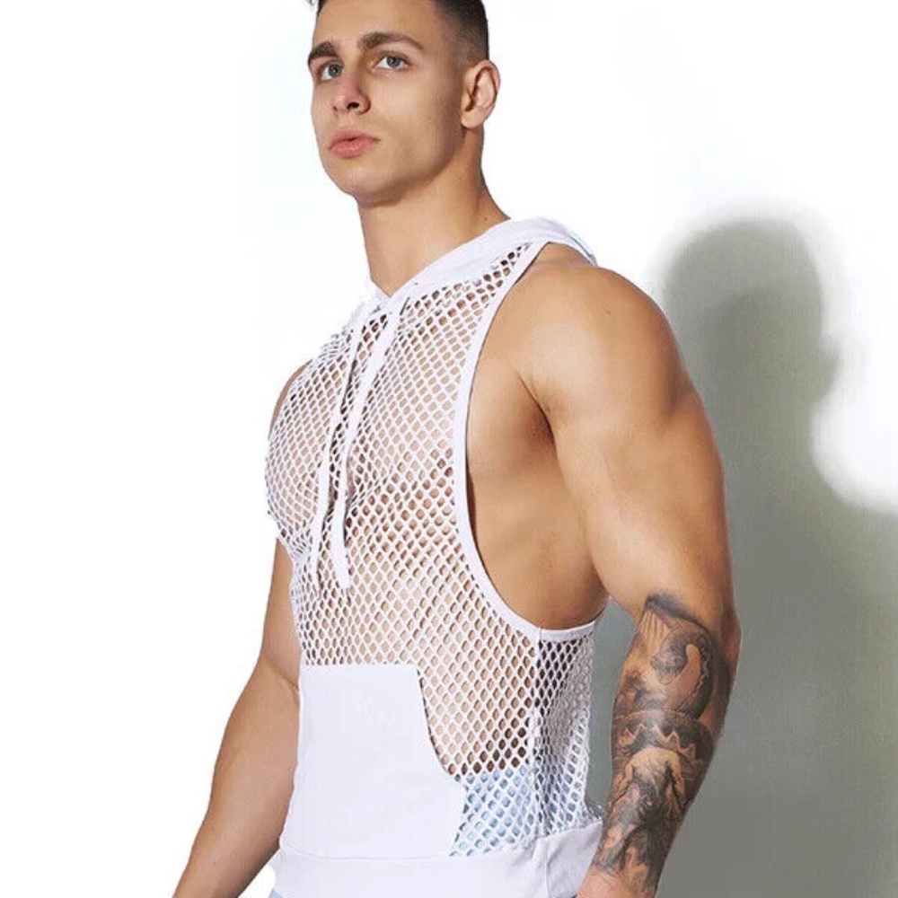 JJ Malibu Men's JJ Fishnet Stringer Hoodie - Off White - Size L